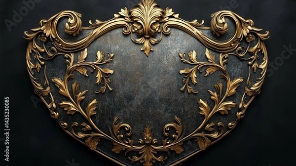 Obraz A majestic heraldic shield with intricate royal floral ornaments, adorned with golden vines, acanthus leaves, and elegant scrollwork. 
