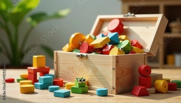 Fototapeta Wooden toy box overflowing with blocks, puzzles and building sets, building materials, wooden play items