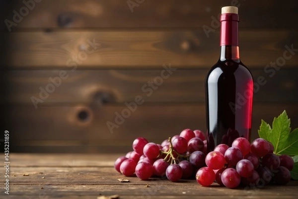 Fototapeta Wooden table with an open bottle of rich red wine and grapes on the side, luxury, premium
