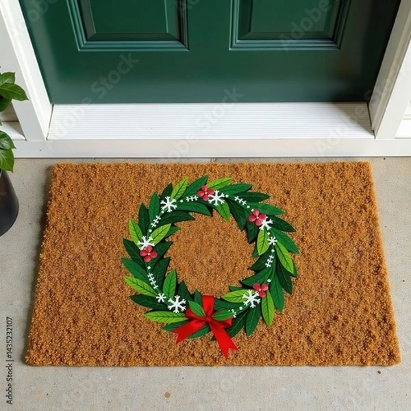 Fototapeta Wreath-adorned doormat with snowflakes and holly, winter, frosty atmosphere