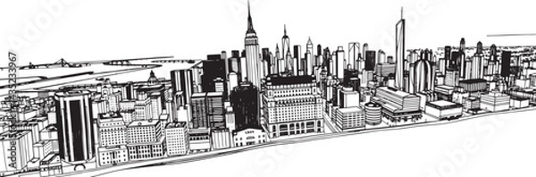 Obraz City landscape. Line urban backdrop. Skyline with clouds, different buildings on street, doodle street draw, outline cityscape hand sketch, flat houses. Hand drawn vector illustration