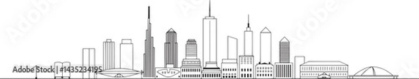Obraz City landscape. Line urban backdrop. Skyline with clouds, different buildings on street, doodle street draw, outline cityscape hand sketch, flat houses. Hand drawn vector illustration