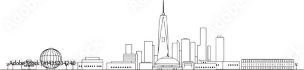 Obraz City landscape. Line urban backdrop. Skyline with clouds, different buildings on street, doodle street draw, outline cityscape hand sketch, flat houses. Hand drawn vector illustration