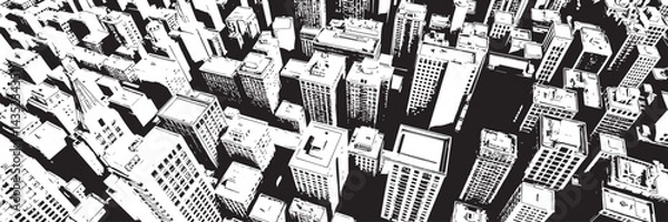 Obraz City landscape. Line urban backdrop. Skyline with clouds, different buildings on street, doodle street draw, outline cityscape hand sketch, flat houses. Hand drawn vector illustration