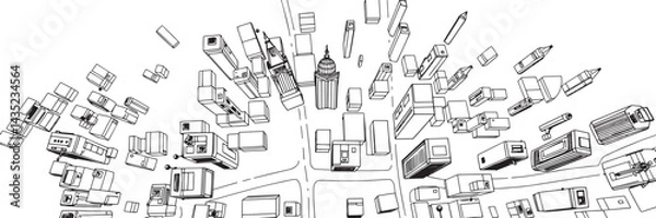 Obraz City landscape. Line urban backdrop. Skyline with clouds, different buildings on street, doodle street draw, outline cityscape hand sketch, flat houses. Hand drawn vector illustration