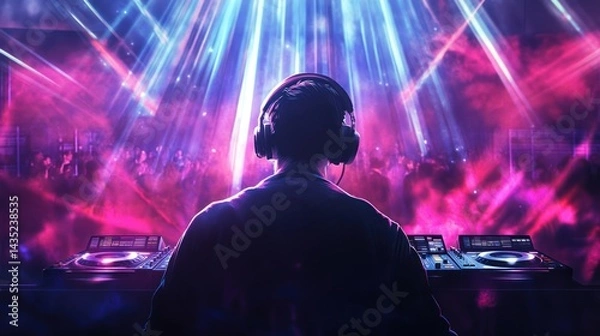 Fototapeta DJ Silhouette in vibrant Nightclub,  mixing music amidst a sea of ecstatic partygoers bathed in neon lights, creating an electrifying atmosphere.