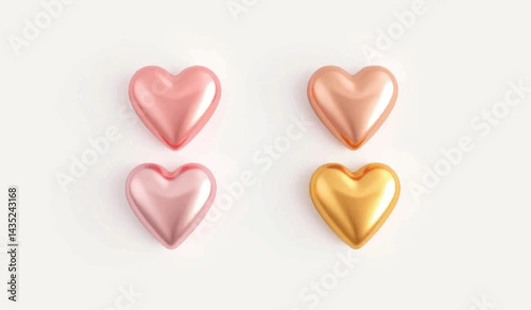 Fototapeta Pastel Hearts on White, Love Theme vector . Valentine's day rose gold heart set isolated on white background. Vector illustration. 3d pastel golden love symbol. Valentin holiday icon, concept header

