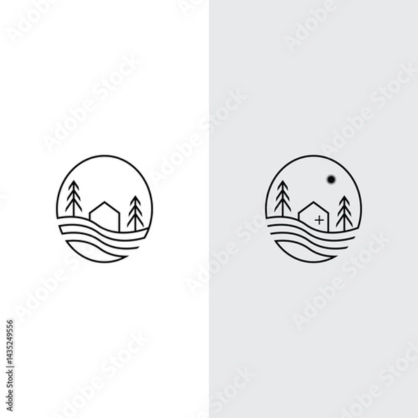 Obraz Line art lake house and pine tree logo vector