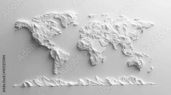 Fototapeta Minimalistic white 3D map of the world on a plain surface, highlighting global themes and clean design aesthetics.