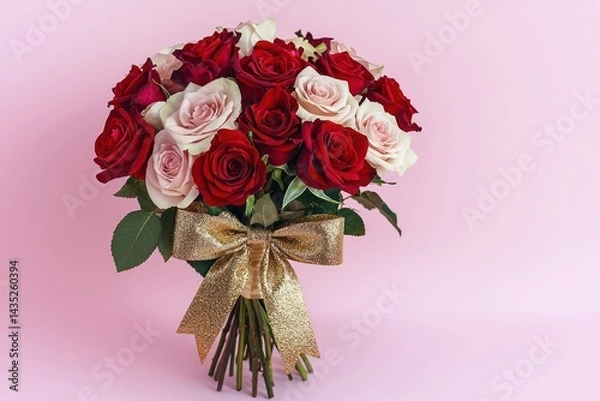 Obraz Lush bouquet of red and blush roses tied with a glittering gold bow, isolated on a pastel pink background, captured in stunning HD detail.