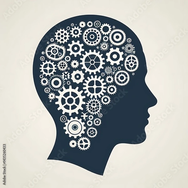 Fototapeta Mind Gears: An illustration of a human head silhouette, intricately filled with a complex arrangement of gears, symbolizing thought, intelligence, and the inner workings of the mind.