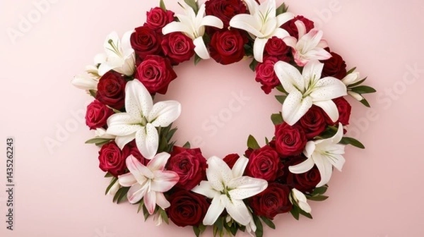 Obraz Lush gradient wreath with flowers transitioning from deep red roses to soft white lilies, arranged elegantly on a soft blush pink background for modern aesthetics.