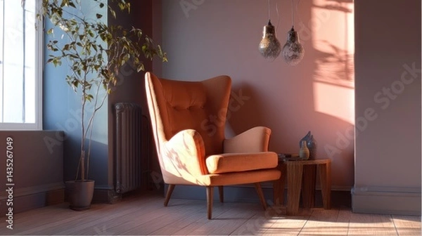 Fototapeta Cozy interior featuring an orange armchair, potted plant, and warm lighting for a relaxing atmosphere.