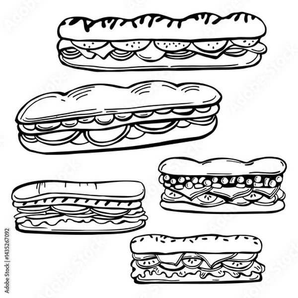 Fototapeta Hand-drawn baguette sandwich set. Vector sketch illustration