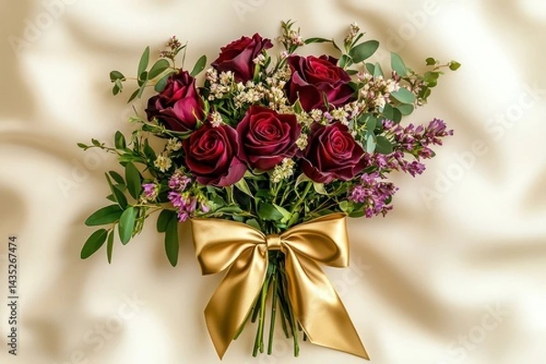 Obraz Luxurious bouquet of deep red roses, wildflowers, and soft greenery, tied with a golden satin bow, isolated on a smooth cream background, ultra-realistic HD quality.