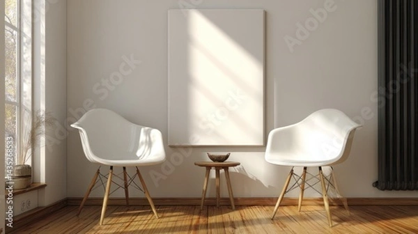 Fototapeta Minimalist living room with white chairs, empty canvas, and natural light creating a serene atmosphere.