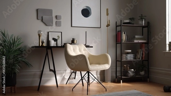 Obraz Modern cozy living space featuring a stylish chair, minimalist decor, and natural light for a serene atmosphere.