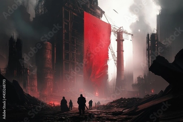 Fototapeta Post-apocalyptic landscape with red banner and silhouetted figures in industrial ruins