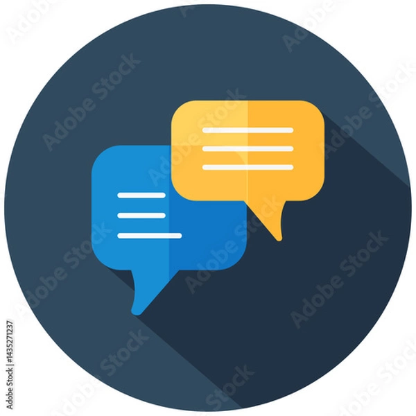 Obraz flat design icon showcasing two overlapping speech bubbles in blue and yellow, symbolizing communication or conversation.