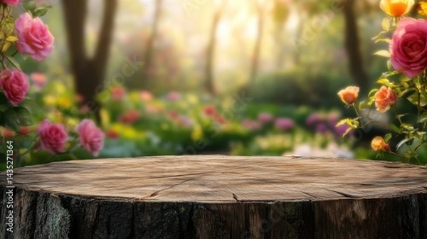 Fototapeta Empty old tree stump table top with blur rose garden background for product display