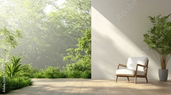Fototapeta Serene minimalist room with armchair, potted plants, and forest view.