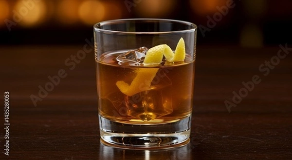 Fototapeta Sophisticated Sazerac Cocktail with Lemon Twist in Clear Glass Displayed on Dark Wooden Surface for Ads and Promotion