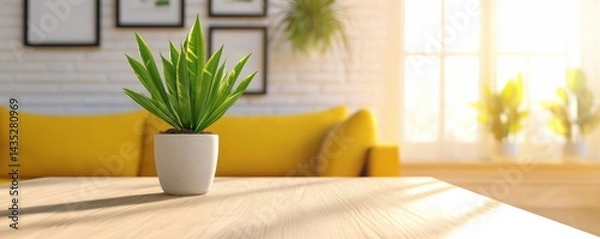 Fototapeta A vibrant indoor scene featuring a green plant in a pot on a wooden table, complemented by a bright yellow couch and natural light streaming through a window.
