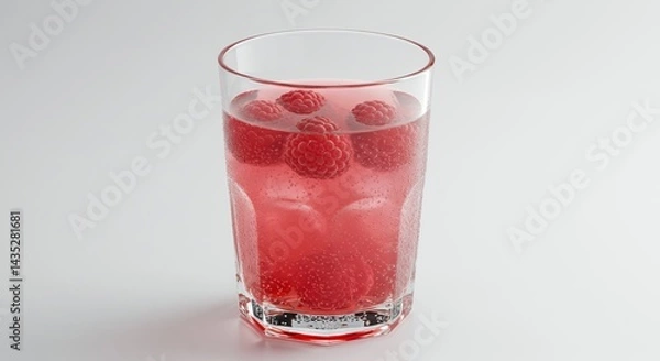 Fototapeta Tall Glass of Pink Raspberry Lemonade with Fresh Raspberries on White Background Ready for Ads Promotion and Display