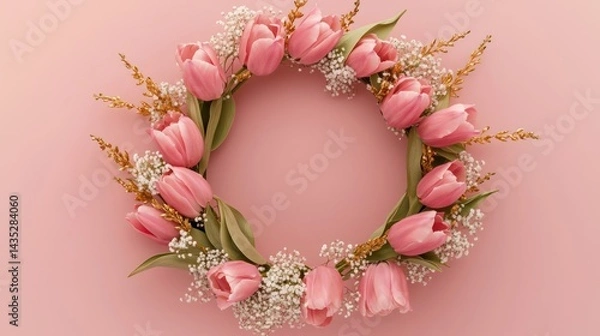 Obraz Luxurious wreath of blush pink tulips, soft golden sprigs, and airy baby breath, forming a perfect circular frame, isolated on a warm blush pink background.