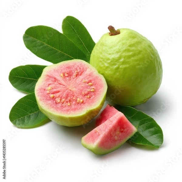 Fototapeta Guava fruit with leaves still life on white background