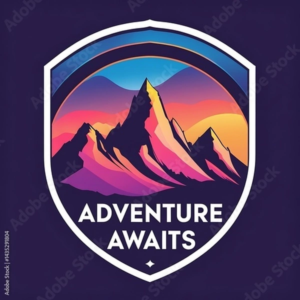 Fototapeta Adventure Awaits Badge: A vibrant badge design featuring a majestic mountain range at sunset, encompassed within a shield shape, proclaiming "Adventure Awaits."
