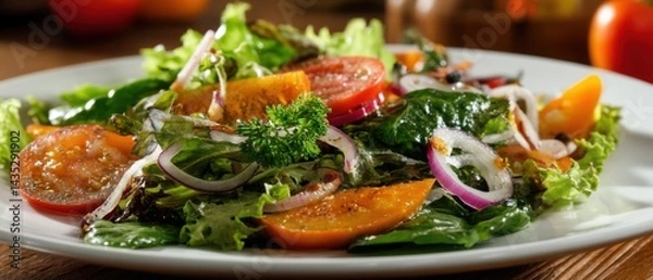 Fototapeta Vibrant salad with fresh tomatoes onion and lettuce on a white plate showcasing a healthy and appetizing meal perfect for a light lunch or dinner