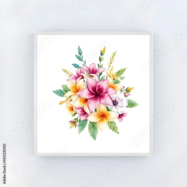 Fototapeta Abstract hyper realistic watercolor painting of a small, detailed tropical flower bouquet inside a frame, isolated on white background art illustration design