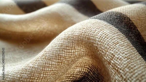 Fototapeta Close-up of textured fabric with beige and brown stripes.  Fabric's weave clearly visible