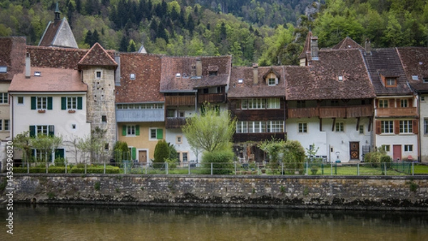 Fototapeta Saint-Ursanne est une cité médiévale touristique du Clos-du-Doubs et une ancienne commune suisse du canton du Jura, située dans le district de Porrentruy le long du Doubs.