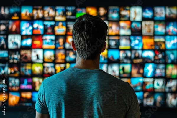 Fototapeta Man browsing digital streaming platform with a wall of movie and TV show thumbnails