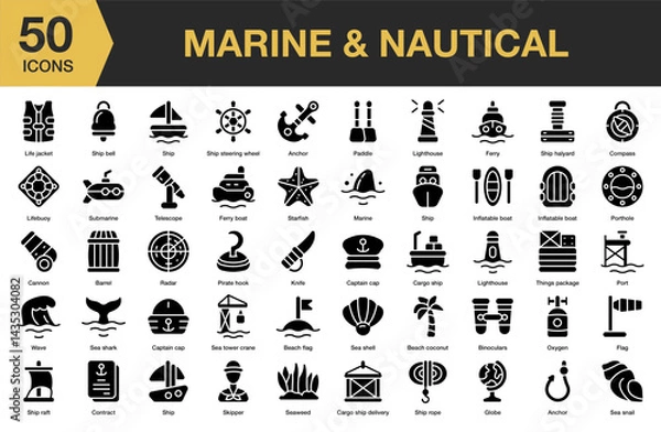 Fototapeta Marine And Nautical solid icon set. Includes blue, anchor, travel, sailing, wave, sailor, and More. Solid icons vector collection.