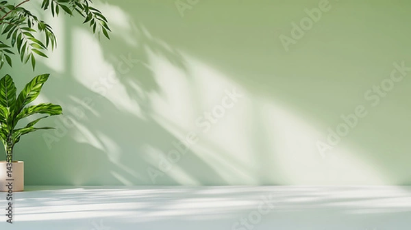 Fototapeta Empty green room studio with sunlight effect shadow of leaves. Minimal background for product presentation. Summer spring backdrop. Cosmetic and beauty products display room.