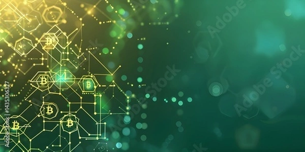 Fototapeta Digital Circuit Network with Green and Gold Geometric Patterns - Abstract Technology Background for Data Analysis