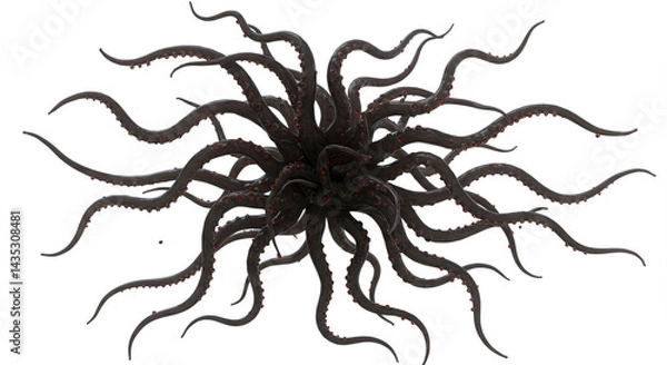 Fototapeta 白い背景に浮かぶ黒い半透明の触手と赤い先端の滴が放つ幻想的な闇の質感