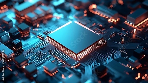 Fototapeta Close-up of a microprocessor on a circuit board, showcasing technology,Intricate Circuit Board with High-Tech Processor ,A close-up of a microchip on a circuit board, symbolizing advanced technology

