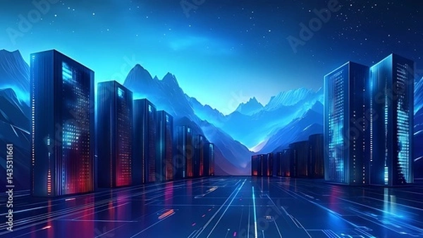Fototapeta Futuristic cityscape with bright horizon, Cyberpunk city night scene, abstract technology city future poster main visual background ,Abstract road leading to modern city, digitization concept 

