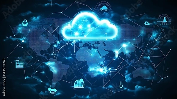 Fototapeta Cloud computing and its benefits, Glowing cloud computing network stormy sky data transfer, Vibrant digital cloud with data visualizations and icons, representing modern cloud computing 


