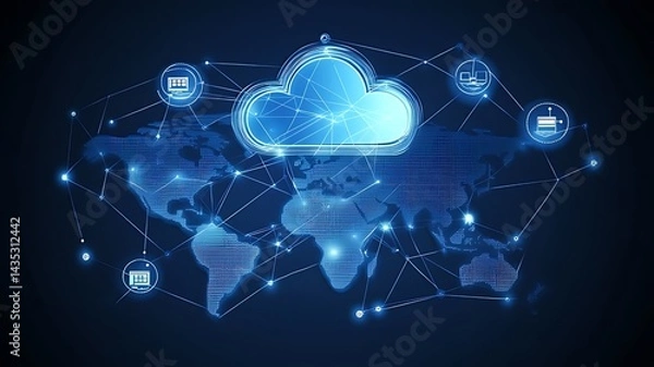 Fototapeta Cloud computing and its benefits, Glowing cloud computing network stormy sky data transfer, Vibrant digital cloud with data visualizations and icons, representing modern cloud computing 
