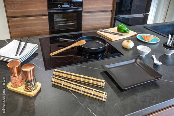 Fototapeta Kitchen countertop with ingredients and tools for preparing Japanese food, featuring a modern induction stove and a variety of utensils arranged on a marble surface