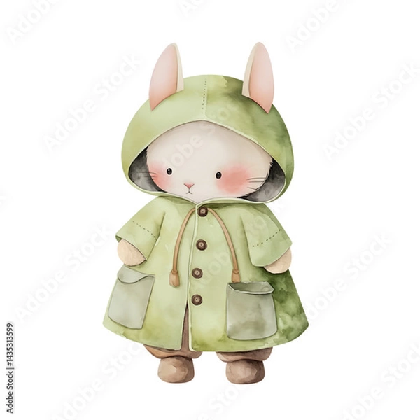 Obraz Cute little bunny in green autumn coat with hood. Children's watercolor illustration of animal character in clothes. Isolated clipart with clear even edge on transparent background