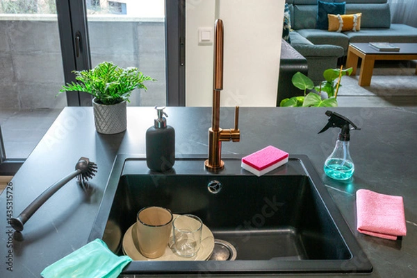 Fototapeta Cleaning products and equipment are neatly arranged near a modern kitchen sink, showcasing a clean and organized space ready for dishwashing or other kitchen tasks
