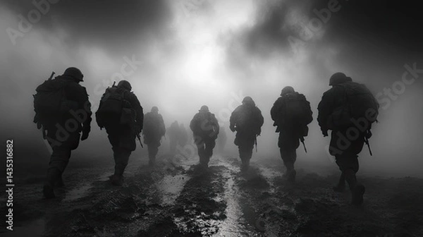 Obraz Soldiers marching through a dark, misty landscape