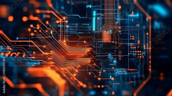 Obraz Close-Up of a Glowing Circuit Board , Beautiful wallpaper featuring a high-tech circuit with glowing paths, creating an abstract background and best-seller concept 
