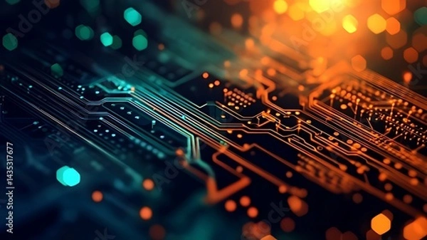 Obraz Close-Up of a Glowing Circuit Board , Beautiful wallpaper featuring a high-tech circuit with glowing paths, creating an abstract background and best-seller concept 
